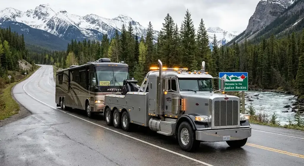 Washington heavy-duty tow truck with RV in transport