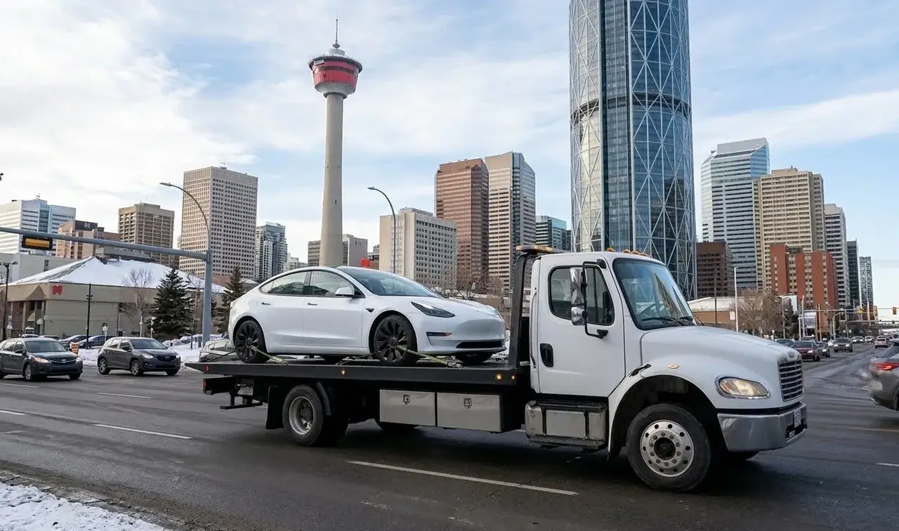 Washington electric vehicle on flatbed transport